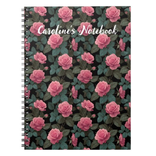 Editable Pink Roses on Black Floral Pattern Custom Notitieboek (Voorkant)