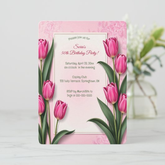 Editable Pink Tulips Kaart (Staand voorkant)