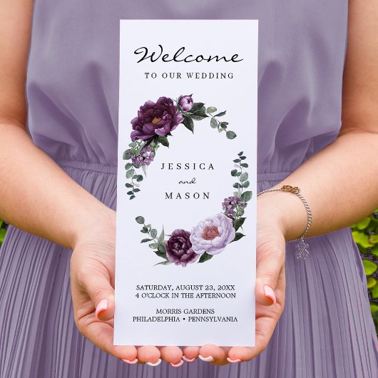 Editable Plum Peonies Trifold Wedding Programme Flyer