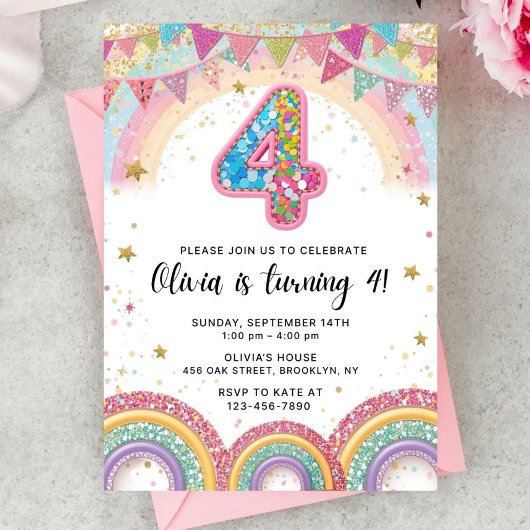 Editable Rainbow Sequin 4th Birthday Invitation
