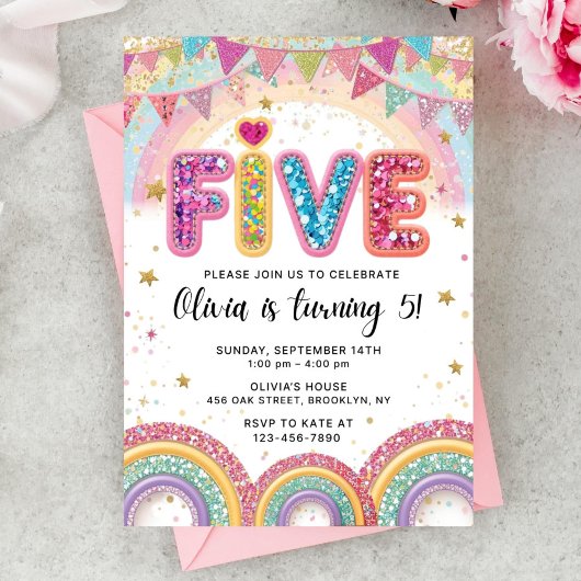 Editable Rainbow Sequin 5th Birthday Invitation