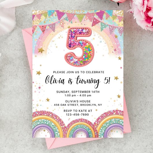 Editable Rainbow Sequin 5th Birthday Invitation