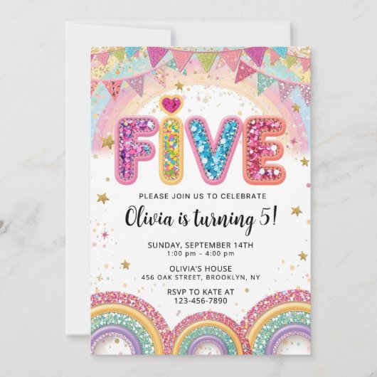 Editable Rainbow Sequin 5th Birthday Invitation (Devant)