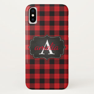 EDITABLE Red & Black Buffalo Plaid Monogrammed iPhone X Hoesje