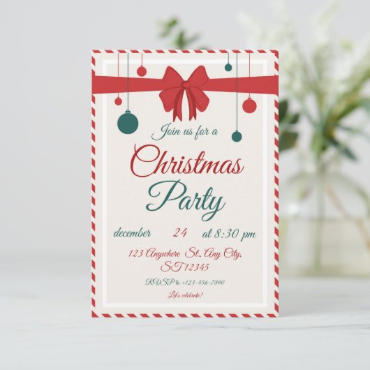 Editable Red Bow Holiday Gathering Invitation Kaart (Staand voorkant)