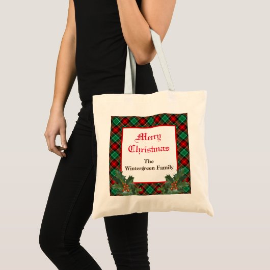 Editable Red Green Plaid with Holly Tote Bag (Voorkant (product))