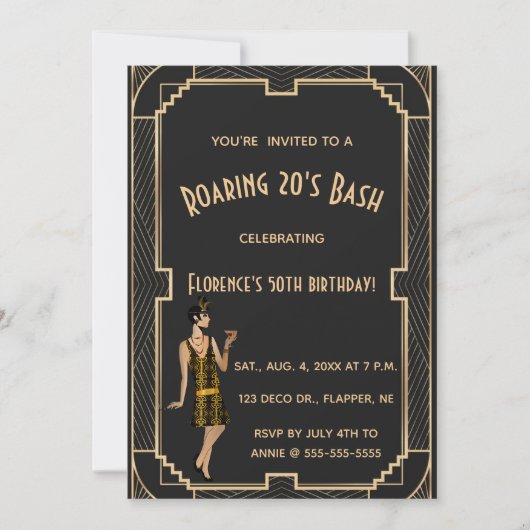 Editable Roaring 20s Birthday Bash Party Kaart (Voorkant)