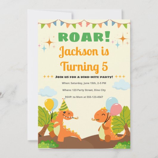 Editable Roarsome Dinosaur Birthday Invitation Kaart (Voorkant)