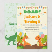 Editable Roarsome Dinosaur Birthday Invitation Kaart (Voorkant / Achterkant)