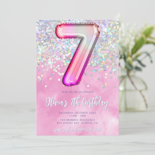 Editable rose 7e anniversaire Invitation Modèle Gl (Debout devant)