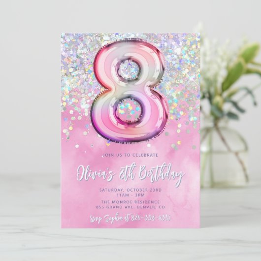 Editable rose 8e anniversaire Invitation Modèle Gl (Debout devant)