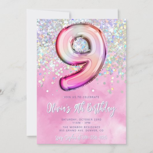 Editable rose 9e anniversaire Invitation Modèle Gl (Devant)