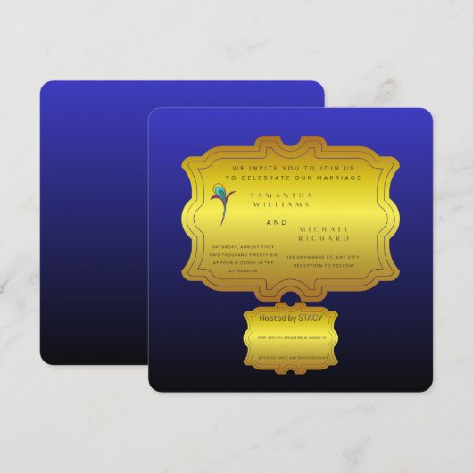 Editable Royal Blue Elegant Wedding Invite | Custo Kaart (Voorkant / Achterkant)