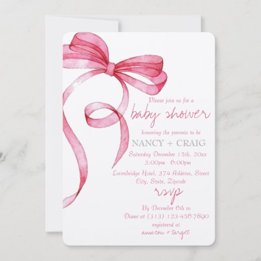 EDITABLE Roze Bow Invitation voor Baby shower Kaart (Voorkant)
