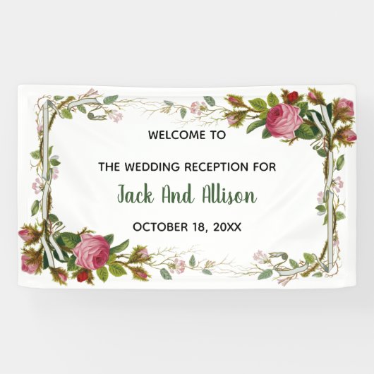 Editable roze Rose Minimalist Floral Green Leaf Spandoek (Horizontaal)