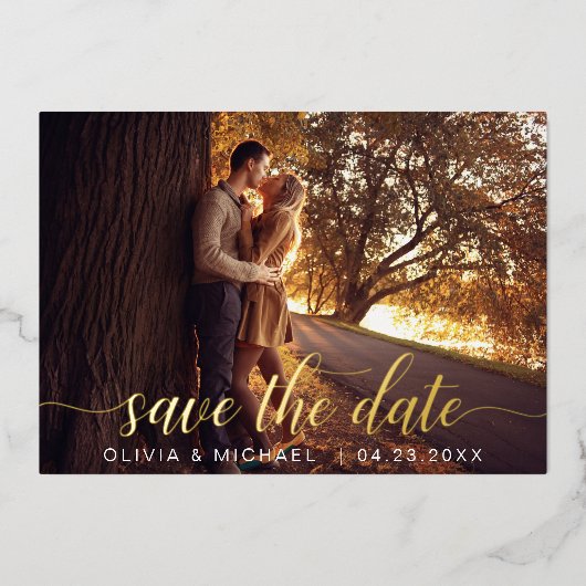 Editable Save the Date Gold Handwrite Photo Folie Uitnodiging (Voorkant)