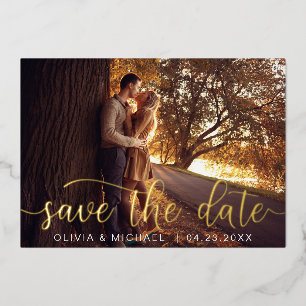 Editable Save the Date Gold Handwrite Photo Folie Uitnodiging