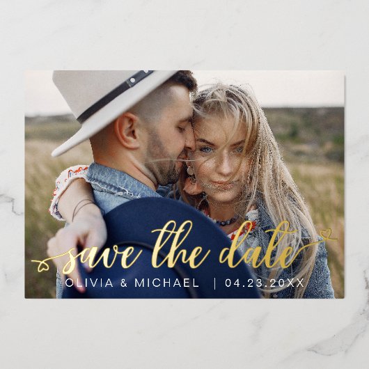 Editable Save the Date Gold Handwrite Photo Folie Uitnodiging (Voorkant)