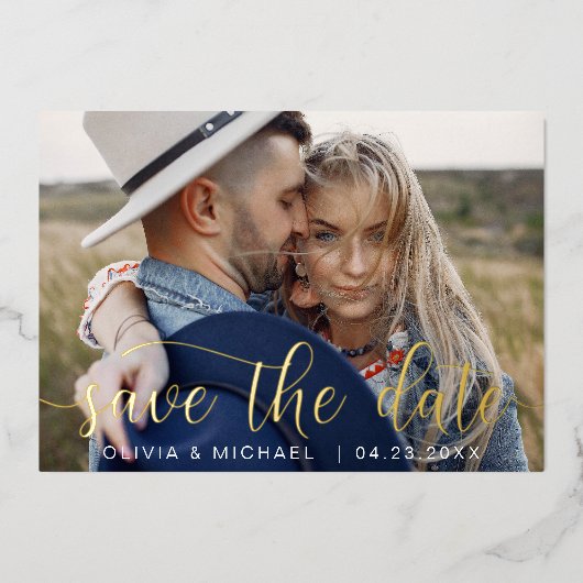 Editable Save the Date Gold Handwrite Photo Folie Uitnodiging (Voorkant)