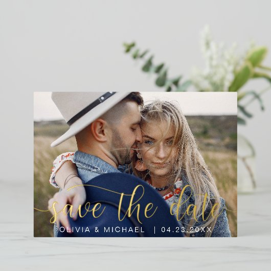 Editable Save the Date Gold Handwrite Photo Folie Uitnodiging (Staand Voorkant)