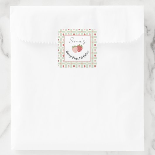 Editable Square Strawberry Gingham 1st Birthday Vierkante Sticker (Tas)