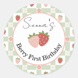 Editable Strawberry Gingham 1st Birthday Favor Ronde Sticker