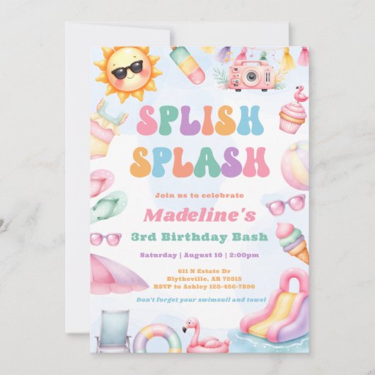 Editable Summer Splish Splash 3rd Birthday Party  Kaart (Voorkant)