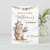 Editable Teddy Bear First Birthday Invitation  (Debout devant)