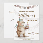 Editable Teddy Bear First Birthday Invitation  (Devant / Derrière)