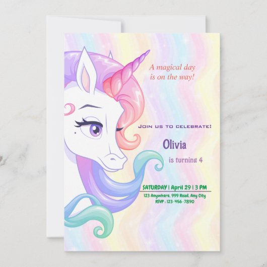 Editable Unicorn Birthday Invitation Kaart (Voorkant)