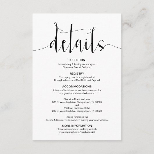 Editable Wedding Details, Black Modern Script Informatiekaartje (Voorkant)