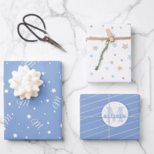 Editable White & Blue Monogram Newborn Baby Wrappi Inpakpapier Vel