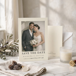 Editorial Minimalistische Winter Ivory Trouwfoto Save The Date