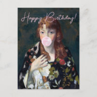 Edna blaast een roze kauwgom Happy verjaardag