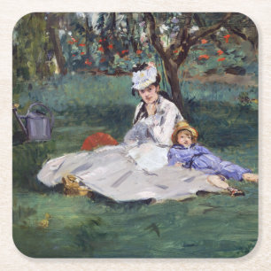 Edouard Manet - De familie Monet in hun tuin Vierkante Kartonnen Onderzetter