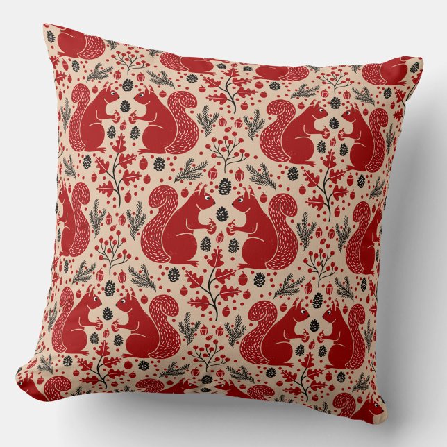 Eekhoorn Bos Bosgrond Patroon Kussen (Squirrels in the Forest woodland art throw pillow)