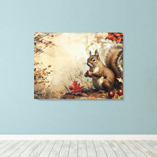  Eekhoorn en Eikels in Herfst 32x24 Canvas Afdruk (Insitu (Houten vloer))