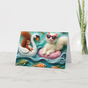 Eekhoorn en kat spelen op drijvende zwanen kaart