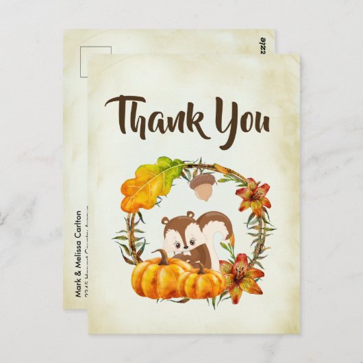 Eekhoorn en pompoenen Herfst Rustiek Dank u Briefkaart (Voorkant / Achterkant)