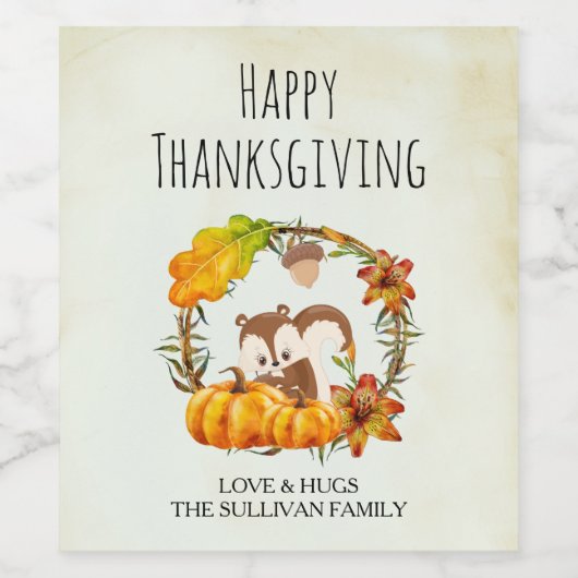 Eekhoorn en pompoenen Rustic Wreath Wijn Etiket (Enkel label)