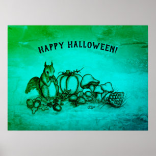 Eekhoorn in de herfst, Happy Halloween. Poster