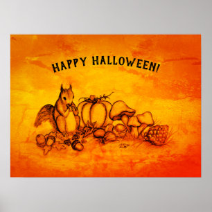Eekhoorn in de herfst, Happy Halloween. Poster