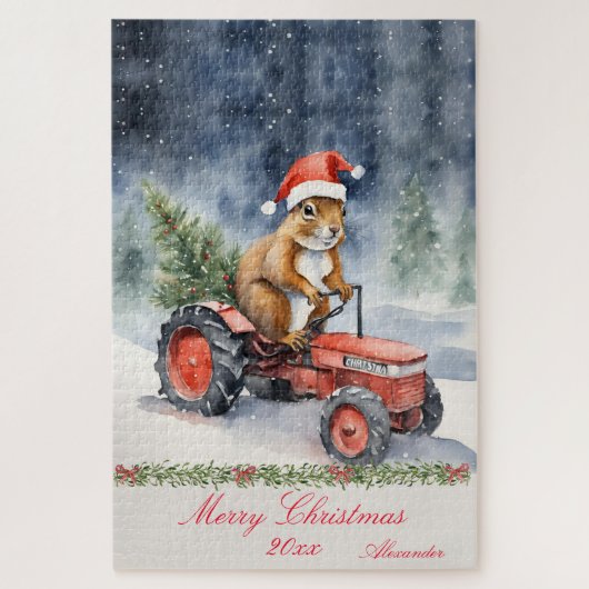 Eekhoorn Kerstmis Tractor gepersonaliseerd Legpuzzel (Verticaal)