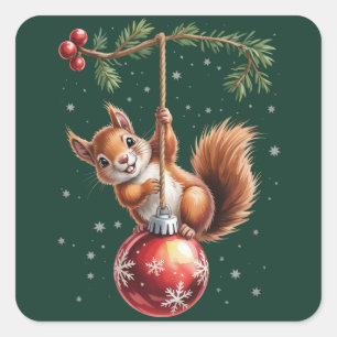 Eekhoorn Kerstmis Winter Sneeuwvlok Winter Vakanti Vierkante Sticker