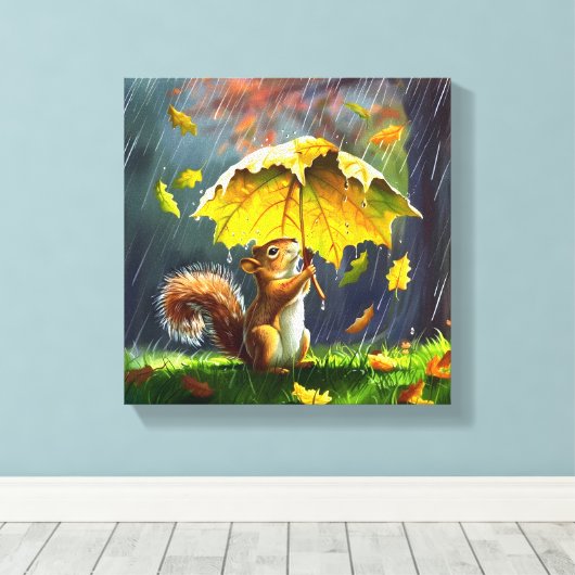 Eekhoorn met een bladparaplu canvas afdruk (Insitu (Houten vloer))