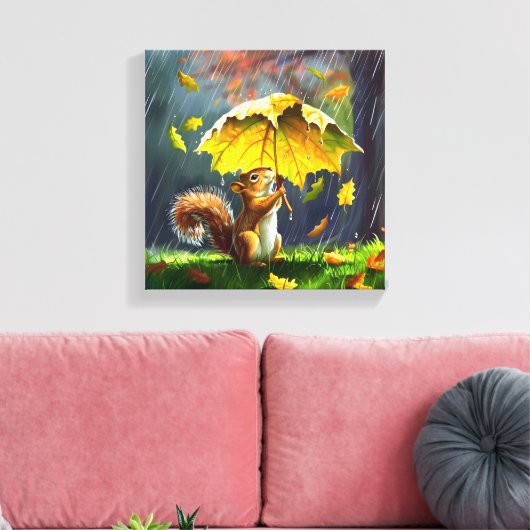 Eekhoorn met een bladparaplu canvas afdruk (Insitu (Woonkamer))