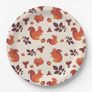 Eekhoorn, paddenstoel, blad, walnoot. papieren bordje