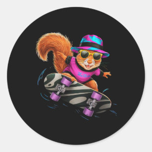 Eekhoorn Skateboarden In De Buitenruimte Retro Vin Ronde Sticker