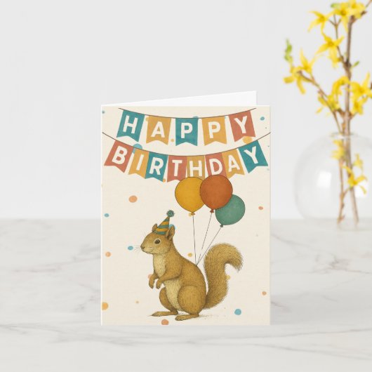 Eekhoorn Verjaardag Kaart - Schattigee Partij Dier (Gele Bloem)