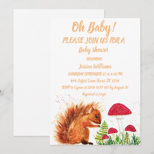 Eekhoorn Waterverf Baby Girl paddenstoel Rood Kaart (Voorkant / Achterkant)